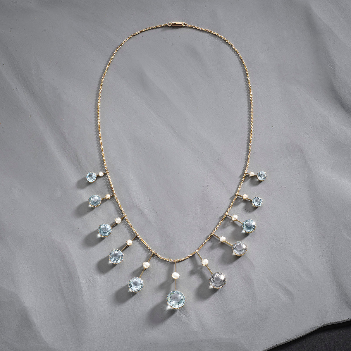 Edwardian Gold, Aquamarine and Pearl fringe necklace