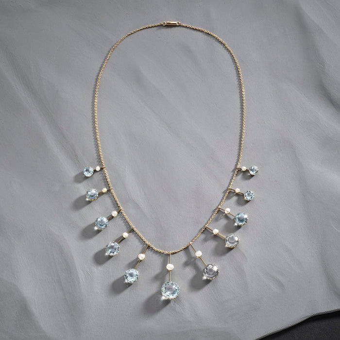 Edwardian Gold, Aquamarine and Pearl fringe necklace