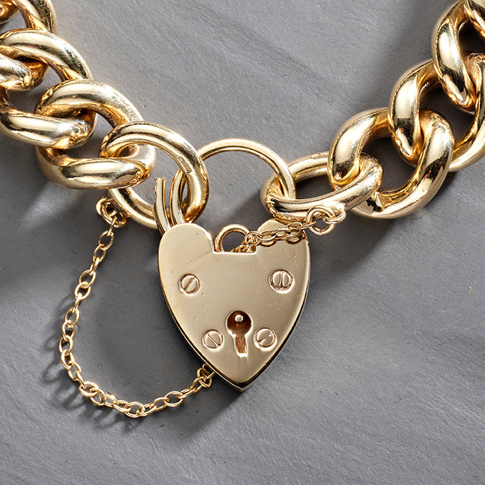 9ct Gold Curb Chain Bracelet with Heart Padlock